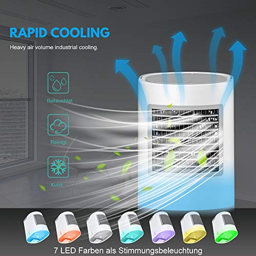 Liucheng New Personal Air Cooler Fan, 3 in 1 Portable Mini Air Conditioner Fan Air Conditioner, Purifier & Humidifier with 7 Colors LED Light, Fit for Home Room Office Outdoor