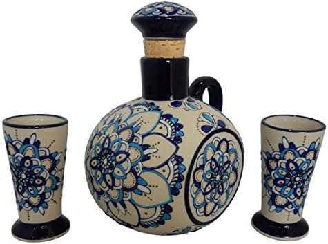 Liquor Decanter Set Tequila, Handmade and Hand Painted, Made of Baked Ceramic at High Temperature (Eva Blue, 3)