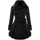 Sexyshine Women's Winter Faux Fur Lapel Double-Breasted Trench Coat A-Line Thick Slim Flared Wool Blend Pea Coat Jacket