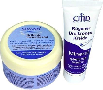 Naturset für Behandlung gegen Akne, Pickel, unreine Haut: SIVASH-Heilerde-Gesichtsmaske, 250g + Mineral Gesichtscreme mit Rüg
