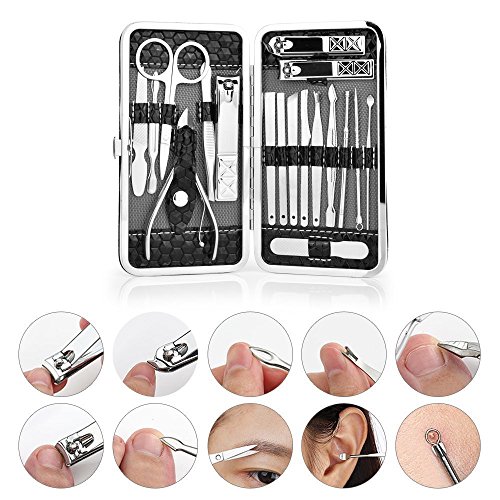 Manicure Pedicure Set Nail Clippers Travel Hygiene Kit Stainless Steel Nail Cutter Care Set Scissor Tweezer Knife Ear Pick Utility Tools Grooming Kits with Leather Case 18 in 1 pcs