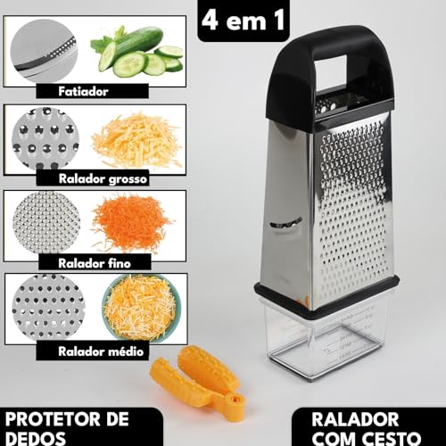 LUMAI Ralador e Fatiador de Aço Inox Premium com Cesto Coletor com Medidas de Cozinha, Inclui Protetor de Dedos, Cabo para Longa Durabilidade, Utensílio de Cozinha para Queijos, Cenouras, Legumes