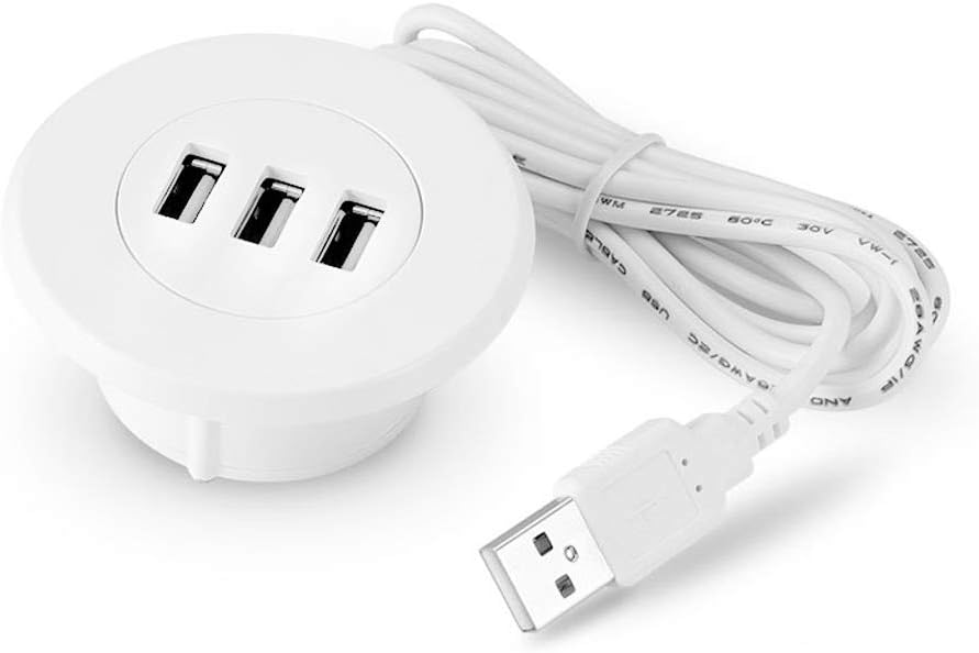 Ranuw 5cm Grommet Hole In-Desk Mounting 3 Ports USB 2.0 Hub For Laptop PC Computer (White)