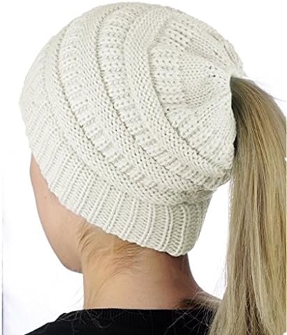 AP WorldWide Ponytail Beanie: Soft, Stretch, All Season, Cable Knit, Warm, Casual, Fitted, Outdoor Activities, Messy Bun, Ponytail, Hat, BeanieTail (White)