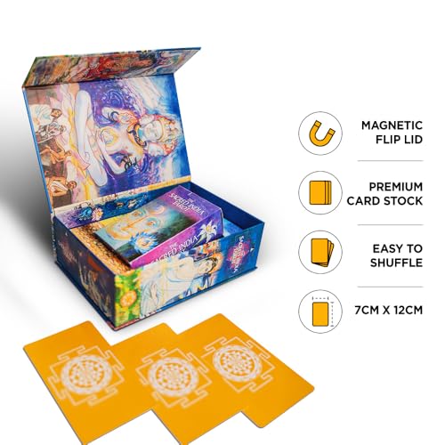 The Sacred India Tarot Deck - 78 Premium Tarot + 4 Bonus Cards with 350-Page Guidebook - Readings Based on Indian Mythology - for Beginners & Professionals - Magnetic Lock Box with Bookmark & Altar