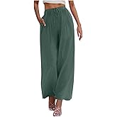 jxsoyen Women's Pants Wide Leg Elastic Waist Palazzo Lightweight Linen Summer Beach Lounge Pants Comfy Cotton Flowy Pants