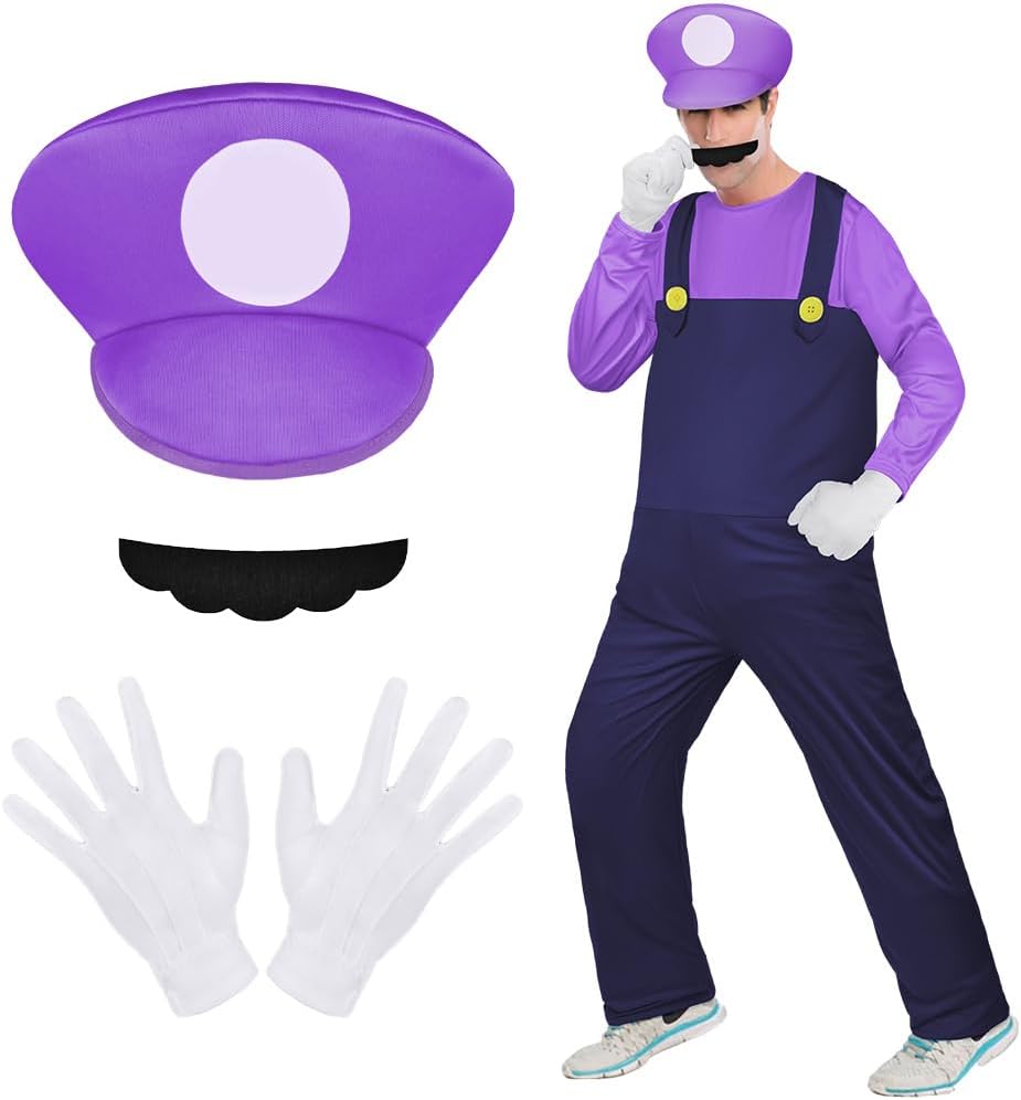 Aomig Mario Costumes 4 Pack Cosplay Accessories Kit Bodysuit Gloves Hat Mustache