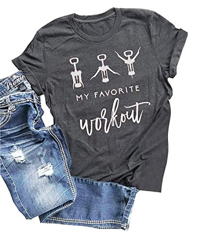 My Favorite Workout Corkscrew Graphic T-Shirt Women's Letter Print Wine Lover Gift Tee Casual O-Neck Tops Size M (Black)