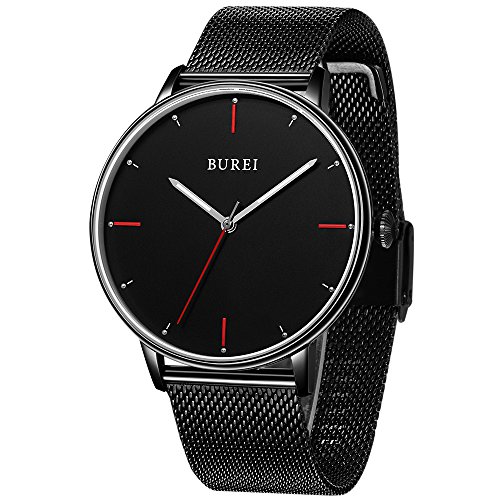 BUREI Men Women Ultra Slim Minimalist Quartz Watches with Big Dial Date Stainless Steel/Leather Band (All Black-Mesh Band)