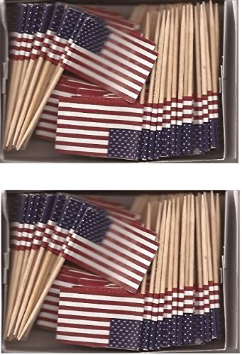 2 Boxes of Mini United States Toothpick Flags, 200 Small Mini American Flag Cupcake Toothpicks or Cocktail Sticks & Picks