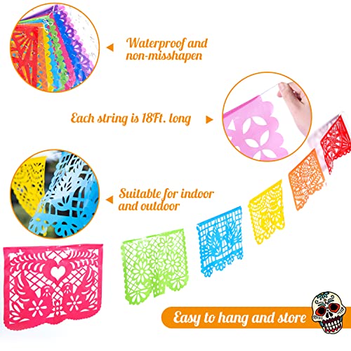 JOHOUSE 2Pack Mexican Party Banner, 18 Feet Plastic Fiesta Banner Cinco de Mayo Dia De Los Muertos Decor Day of the Dead Papel Picado Decorations, Mexican Party Supplies