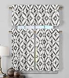 3 Piece Semi Sheer Window Curtain Set: Geometric Design, 2 Tiers, 1 Valance (Gray and White)