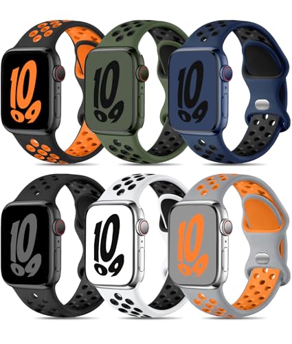 Keponew Sport Bands Compatible with Apple Watch Bands for Men Women 49mm 46mm 45mm 44mm 42mm 41mm 40mm 38mm,6 Pack Sport Breathable Soft Silicone Strap for iWatch Bands Ultra2 3/1 SE Series 11 10 9-1
