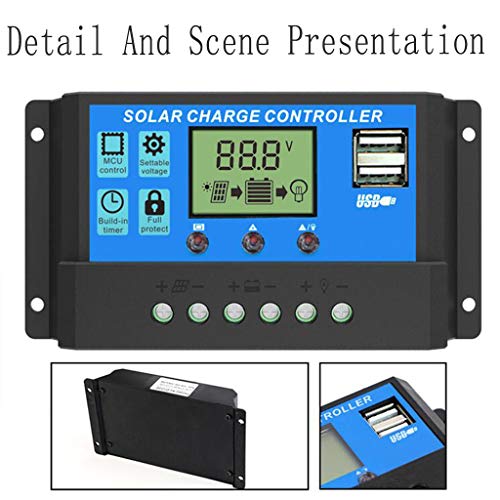 Solar Charger Controller, Solar Panel Battery Intelligent Regulator USB Solar Charge Controller Dual Input DC 12V / 24V (Blue)