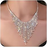 Xerling Rhinestone Tassel Fringe Chain Necklaces Silver Crystal Statement Bib Necklaces Bling Wedding Bridal Collar Choker for Women