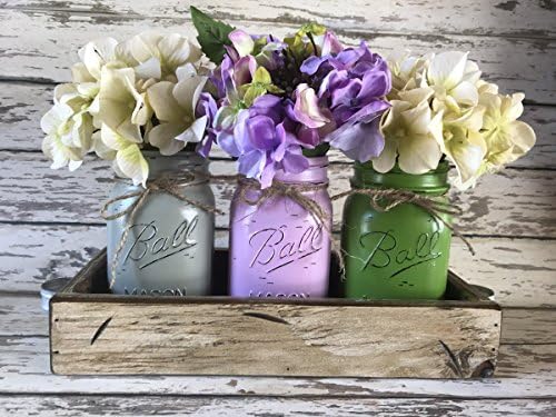 Mason JARS in Wood Antique White Tray Centerpiece with 3 Ball Pint Jar -Kitchen Table Decor Distressed Rustic -Spring Flowers (Optional) -SOFT GRAY, LAVENDER PURPLE, PALM GREEN Painted Jars (Pictured)