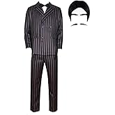Fedtoku Adult Gomez Addams Costume Mens Gomez Cosplay Costume Black Striped Blazer Pants Shirt Tie Set (Men's XL, Uniform+Wig)