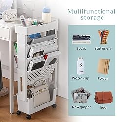 5 Tier Mobile Bookshelf Rolling Book Rack with