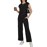 NILOUFO 2 Piece Sets for Women Short Sleeve Side Ruched Wide Leg Pants with Pockets - Summer Travel Airport Lounge Outfits