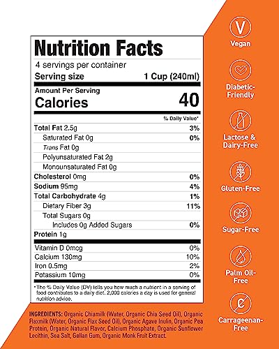 LECHIA 32OZ NON-DAIRY MILK, CHIA FLAX MILK VANILLA NO SUGAR ADDED , USDA ORGANIC, NON-GMO – FIBER, CALCIUM, OMEGA-3 – SHELF STABLE, FREE OF NUTS, SOY, GLUTEN, LACTOSE, CARRAGEENAN.