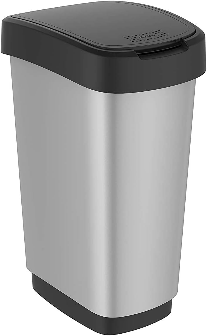 Rotho, Twist, Waste bin 25l with lid, can be used as swing or hinged lid, Plastic (PP) BPA-free, silver metallic