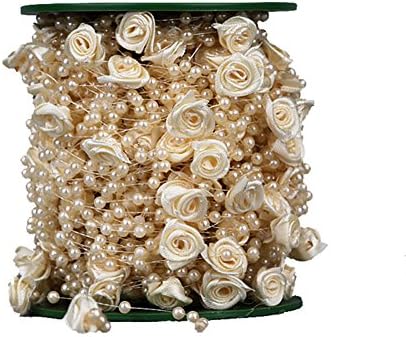 MAXMAXI 30m/100feet Roll Silk Rose & Pearl String Ribbon Wrap Flower Pearls Beads DIY Party Garland Wedding Decoration (Beige)