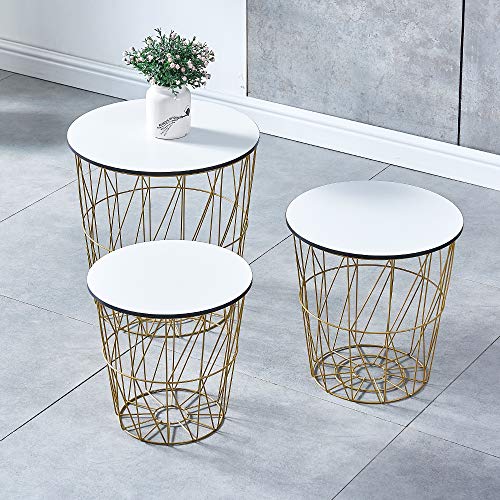 nozama Round Nesting End Table with Storage Basket MidCentury Nested