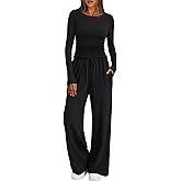 Trendy Queen Women's 2 Piece Matching Lounge Set Boat Neck Slim Fitted Top Wide Leg Pants Casual Tracksuits
