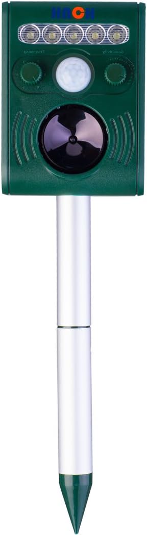 HNCSMILE Solar Powere Animal Repeller, Use Ultrasonic Sonic Flashing Light and PIR Tech, Scare Cat Dog Deer Bird Rabbit Squirrel Away, Battery Included, Great for Garden Outdoor