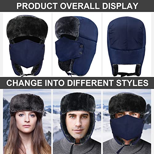 Trapper Hat Winter Hats for Men Women, Russian Warm Trooper Hat with Ear Flaps, Ushanka Bomber Fur Hats with Windproof Mask Blue