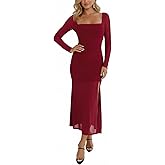 Hocuos Women's Spring Long Sleeve Square Neck Mesh Ruched Bodycon Maxi Dresses Split Cocktail Wedding Guest Long Dress