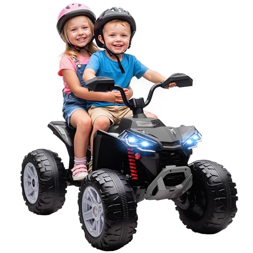 Qaba 24V Kids ATV, 2-Seater Ride On Car for Kids, Battery Powered Electric Quad with 4 Suspension Wheels, High/Low Speeds, Music, Headlights, for Boys and Girls, Black