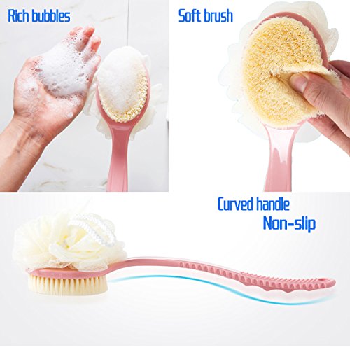 Bath Brush with Long Handle Bamyko Shower Back Scrubber Body Brush Sponge Loofahs 2 Pack + Self Adhesive Hooks 2 PCS