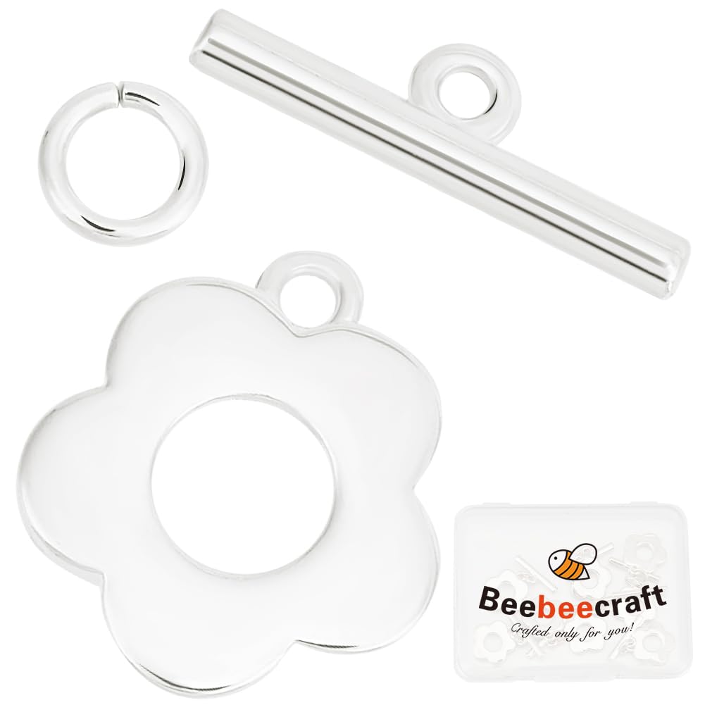 Beebeecraft 1 Box 10Pcs Bracelet Toggle Clasps 925 Sterling Silver Plated Flower T-Bar Clasps Ring Jewelry Findings Toggle Clasps Hole 1.2mm for Necklace Bracelet and DIY Jewelry Making