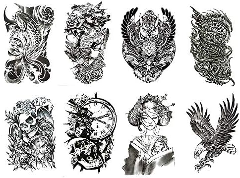 Lattcure タトゥーシール ボディーシール 8枚セット 髑髏 フクロウ 鷹 魚など8種類絵柄 刺青 足 おしゃれ 胸 15 春の新作シューズ満載 肩 体 背中に簡単貼る 個性 腕 21ｃｍ