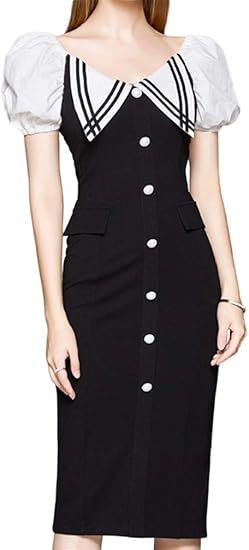 Amazon Youyouok レディース ワンピース Vネックワンピース バブルの袖 黒のスカート 夏 ドレス スリム バッグヒップドレス 通勤 ワンピース チュニック 通販