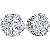 White Gold Plated 925 Sterling Silver Women’s Men’s Iced CZ Round Flower Cluster Hypoallergenic Circle Hip Hop Trendy Fashion Cubic Zirconia Stud Screw Back Earrings