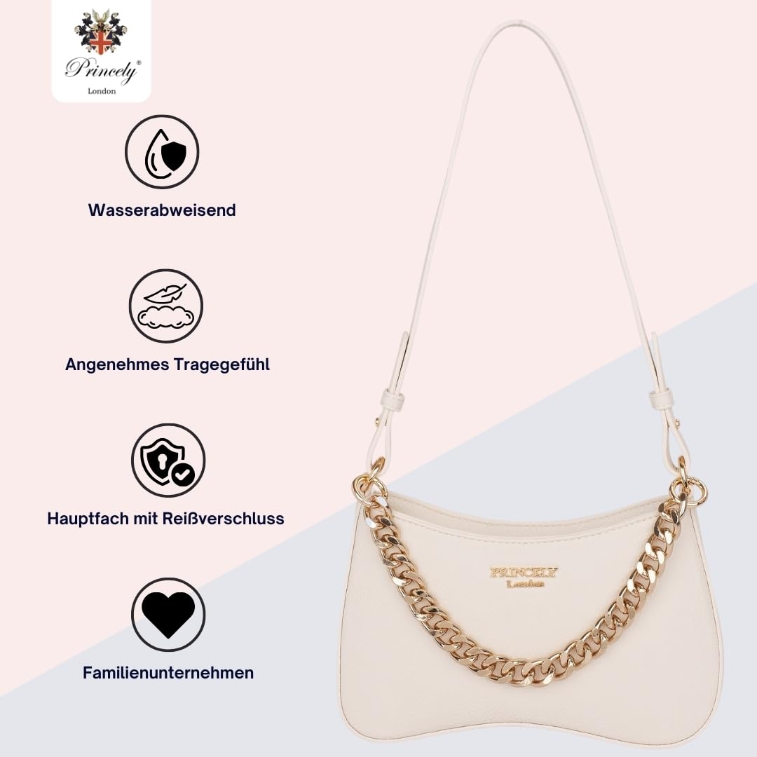 Princely London Schultertasche Nelly - Stylische Handtasche Damen - Elegante Tasche mit Reißverschluss & Innenfach - Offwhite