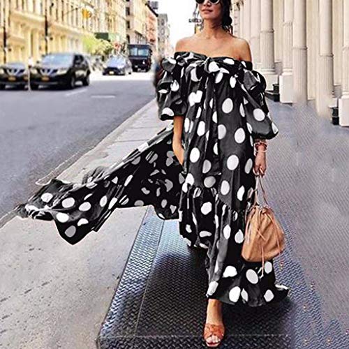 Witspace Women Fashion Polka Dot Printed Dress Cold Shoulder Lace Ruffle Bow Dress Black