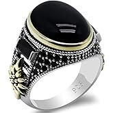 Solid 925 Sterling Silver Ring for Men Onyx Stone Ring Turkish Handmade Agate Silver Luxury Vintage Men's Ring (Black, 7)