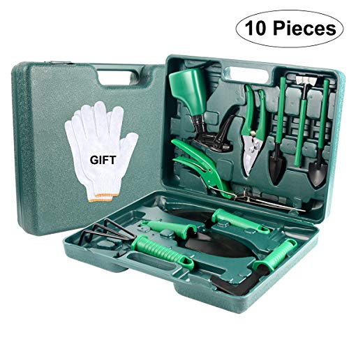 DRIVIM Gardening Tool Set 10 Pieces, Garden Tool Kit with Ergonomic Handles Trowel/Hand Rake/Sharp Shovel/Pruning Shears, Gardening Hand Tools Gifts for Women with Carrying Case