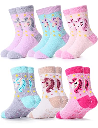 ANTSANG Kids Girls Toddlers Fuzzy Socks with Grips Non Slip Slipper Socks Fluffy Cozy Cabin Plush Warm Crew Socks 6 Pack