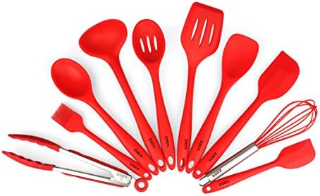 ZOER Premium Silicone Kitchen Cooking Utensils Set (10 Piece) in Hygienic Solid Coating - Heat Resistant Non Stick Baking Spatula Tools (Cherry Red)