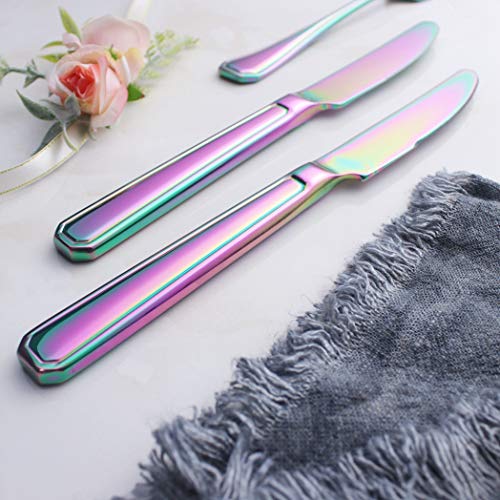 Rainbow Dinner Knife Set 6 Piece Stainless Steel Cutlery Table Knives Heavy Weight Sturdy Thick Forged Handle Silverware Flatware Eating Utensils Colourful 9.2 Inch Dishwasher Safe