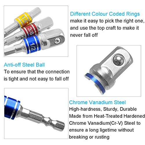 M-jump 6 PCS Impact Grade Socket Adapter/Extension Set Turns Power Drill Into High Speed Nut Driver,1/4-Inch Hex Shank to Drive for Adapters to Use with Drill Chucks, Sizes 1/4" 3/8" 1/2", Cr-V,