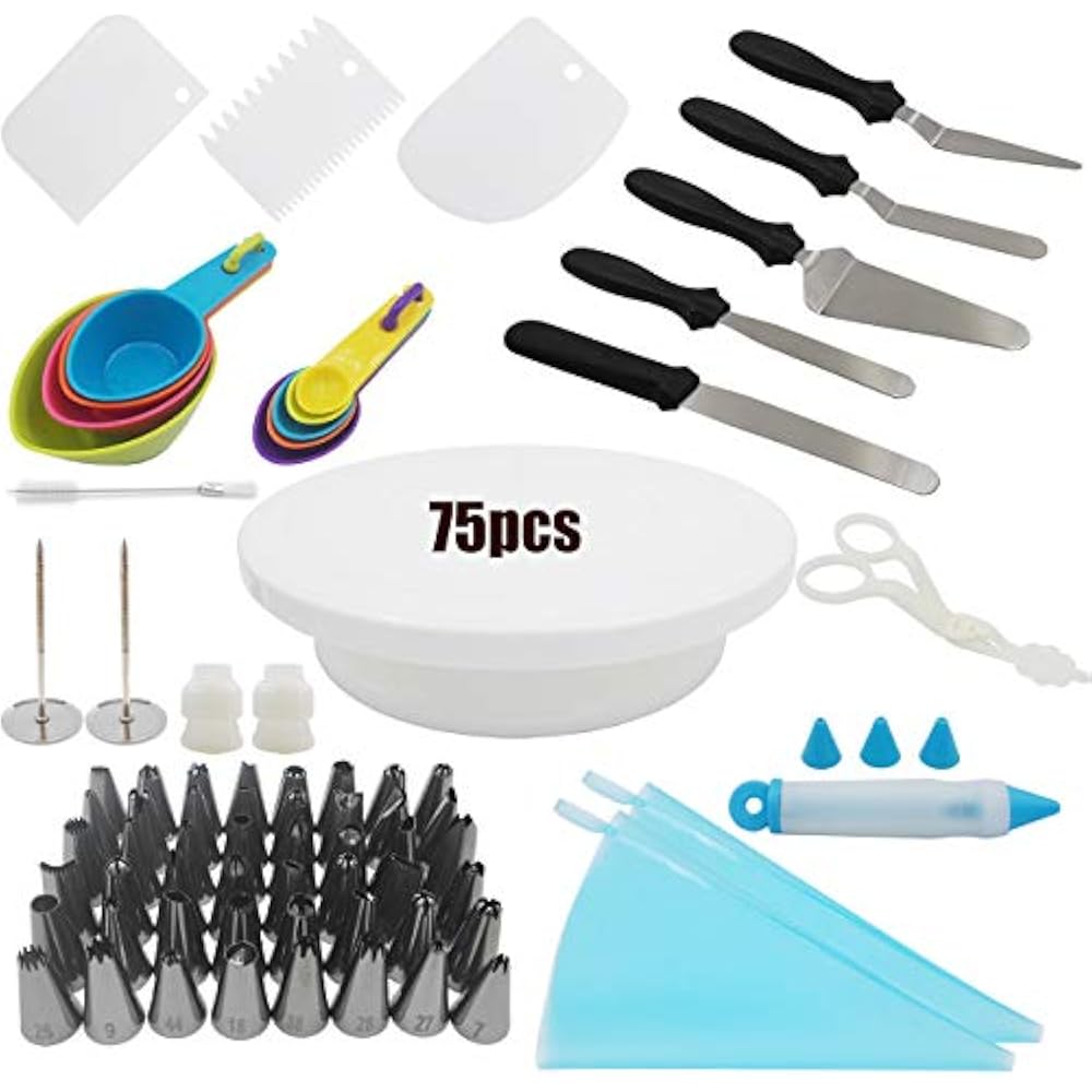 75pcs Cake Decorating Supplies Kit For Beginner.Cake Turntable Stand