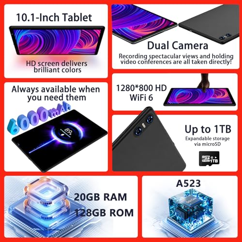 Android 14 Tablet 10.1 inch Tablets,20GB RAM 128GB ROM 1TB Expand,Octa-Core Processor,Dual Camera,WiFi 6,Bluetooth 5.0,6000mAh Long Battery Life with Keyboard/Mouse-Black