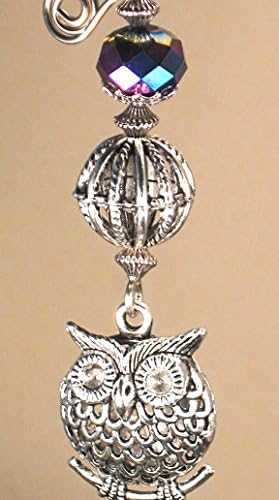 Antiqued Pewter Silvery Metal Owl and Lampwork Glass Fan Pull Chain/Light Pull