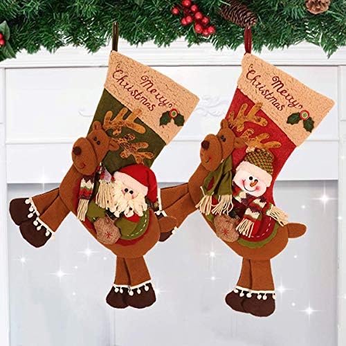 Bivan Christmas Stockings, 22'' Large Size 3D Cartoon Santa Snowman Handcrafted 3D Plush Stockings Gift & Candy Pouch Bags for Child and Christmas Decorations and Party Accessory, Set of 2
