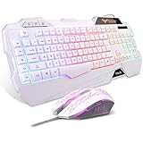 Havit Keyboard Rainbow Backlit Wired Gaming Keyboard Mouse Combo, LED 104 Keys USB Ergonomic Wrist Rest Keyboard, 3200DPI 6 Button Mouse for Windows PC Gamer Desktop, Computer (White)